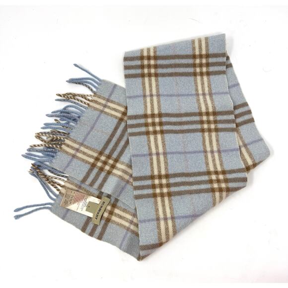 Burberry Classic Check Wool & Cashmere Blue Beige Scarf - Picture 4 of 5